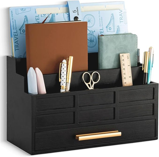 dreampossible Black Wood Desk Organizer and Accessories with Drawer, Bill Mail Organizer and File Mail Holder for Office Supplies, Rustic Desk Accessories & Workspace Organizers for Desk Organization