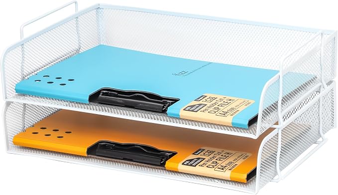 2 Pack Stackable Desk Paper Tray, Metal Mesh Desktop Document Letter File Organizer for Office Home School, 13.5'' L x 9.75'' W x 5.5'' H, White