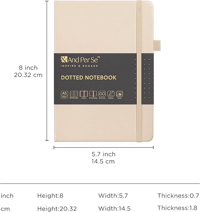 &And Per Se A5 Hardcover Dotted Notebook Kit for Beginners – 176 Numbered Pages, 100gsm Thick Paper, Includes Stencils & Fineliner Pen | Leather Bullet Journal with Templates, Lay Flat Design, Premium Gift for Women Men (Light Apricot)