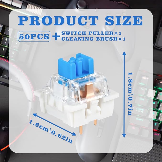 50 Pcs Blue Keyboard Switches, 3-Pin Clicky Tactile Mechanical Keyboard Switches, Complete DIY Replacement Kit with Switch Puller & Brush