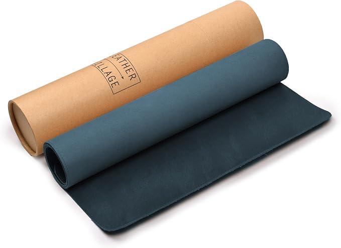 LEATHER VILLAGE Real Leather Desk Pad 3mm Thick Double Layer Desk Mat Blue | 32''x16'', Cover Blotter Large Full Grain Protector for Keyboard, Mouse & Laptop, Office Table Mat & Desktop Accessories