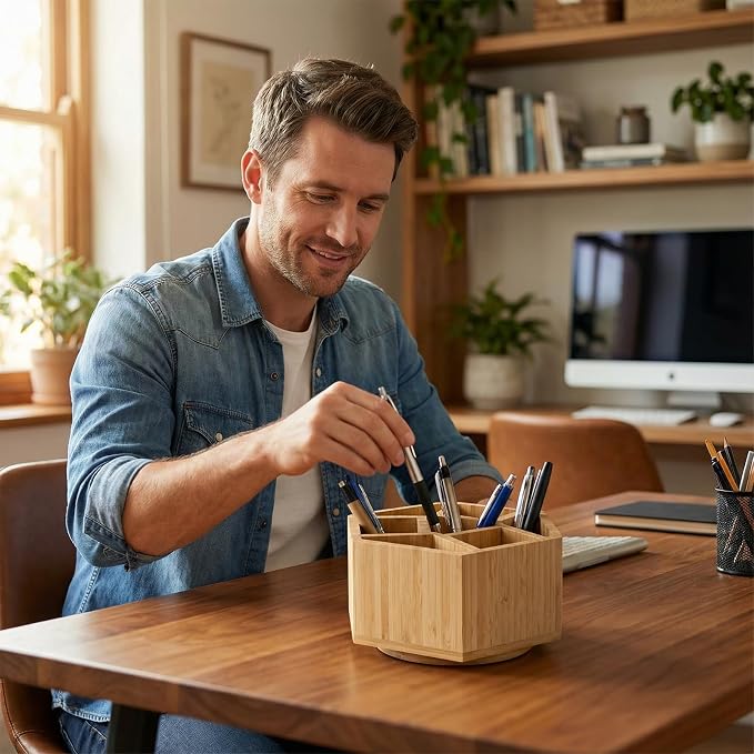 360° Rotating Bamboo Desk Organizer Hexagon | Wooden Desktop Storage, For Artists, Office Supplies, Makeup Brushes, Minimalist Desk Accessory