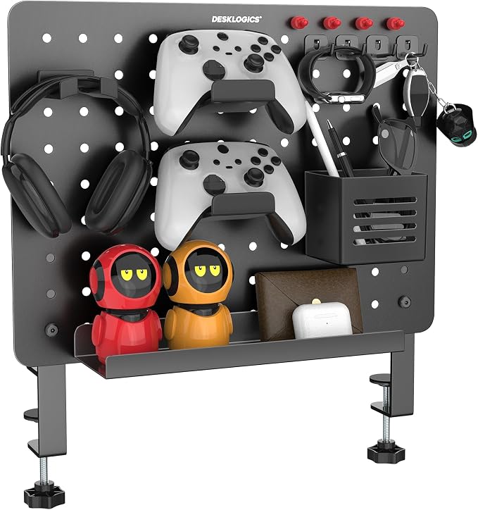 Clamp on Desk Pegboard 16.5"x12.6", Black Heavy Duty Steel Desktop Organizer with 4 Magnet Pins, No-Drill Metal Peg Board Mount for Office & Gaming, Horizontal/Vertical