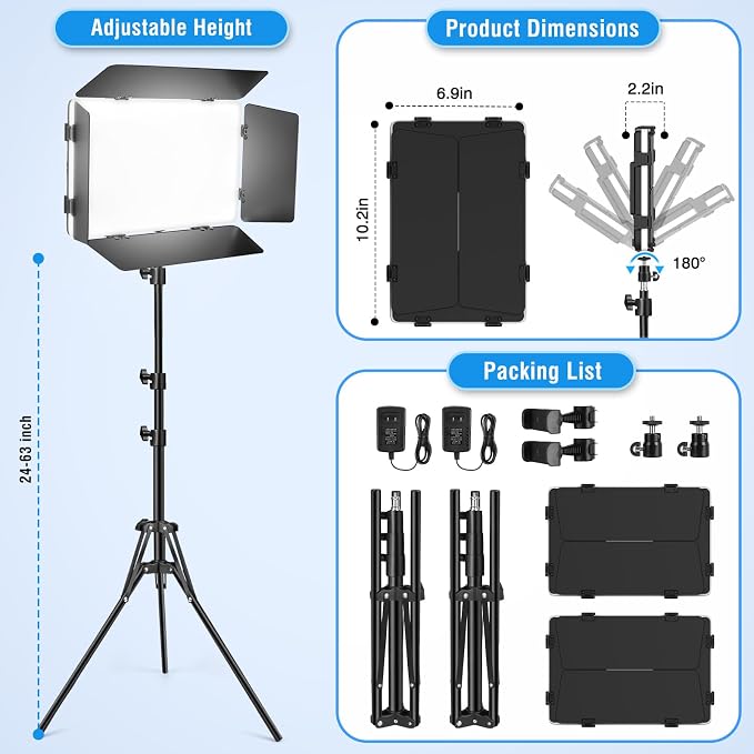 2 Pack LED Video Light with Barndoor, 20W Bi-Color LED Studio Lights Panel, 2500K-8500K Dimmable Photography Lighting Kit for Video Recording Shooting Live Streaming Podcast