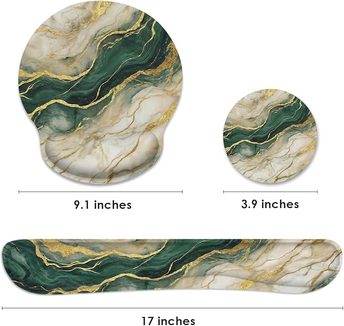 Britimes Marble Abstract Gold Green Modern Ergonomic Mouse Pad Set with Wrist Rest Non-Slip Rubber Base Wrist Cushion Support and Coasters Mousepad with Wrist Support for Computer Keyboard and Desk