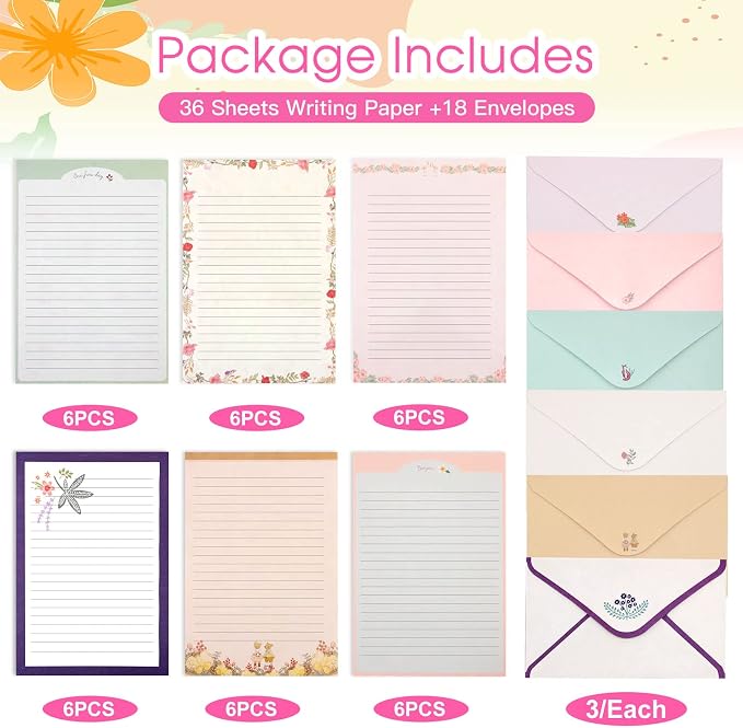 KSIWRE Stationary Paper and Envelopes Set, 36 PCS Lined Stationary Writing Paper with 18 PCS Matching Envelopes, Fresh Floral Style Letter Writing Paper for Invitations Gifts Holiday Wishes
