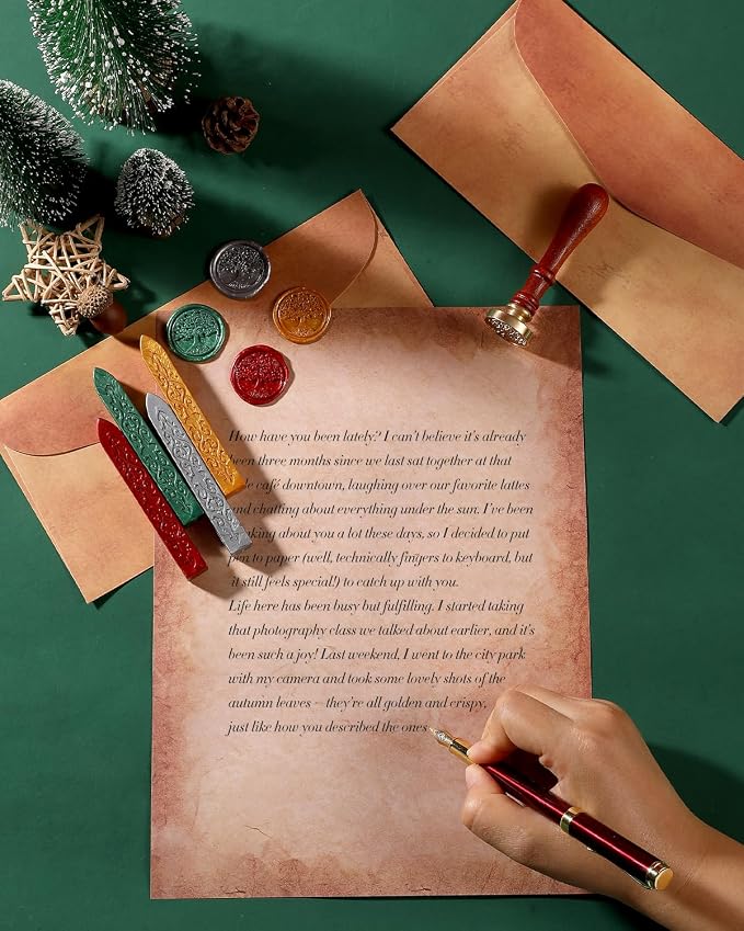 42Pcs Vintage Paper and Envelopes Set, 15 Stationary Letter and Envelopes, 8 Wax Seal Sticks, Wax Spoon, Life Tree Stamp and 2 Tea Candles for Xmas Wedding Party Invitation Love Letter