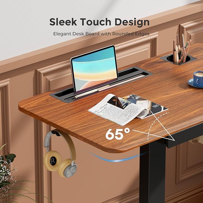 28" Mobile Standing Desk with Drawer, Portable Laptop Desk | Rolling Desk with Cup Holder and Hooks, Height Adjustable Computer Cart with Storage, Lockable & Hidden Wheels, Dark Wood