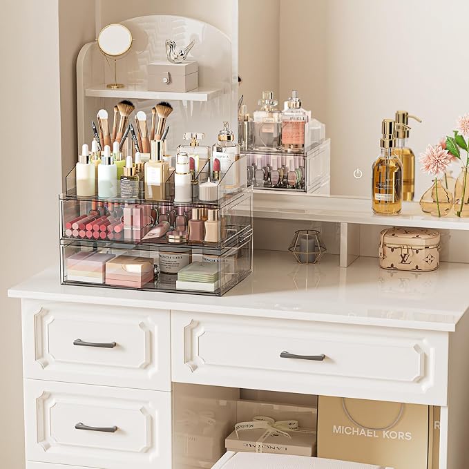 Clear Stackable Makeup Organizer with Drawer, 12''W Acrylic Storage Drawers | Cosmetic Display Case for Vanity Bathroom Countertop Drawers, Beauty Holder for Lipstick Brush Skincare Perfume