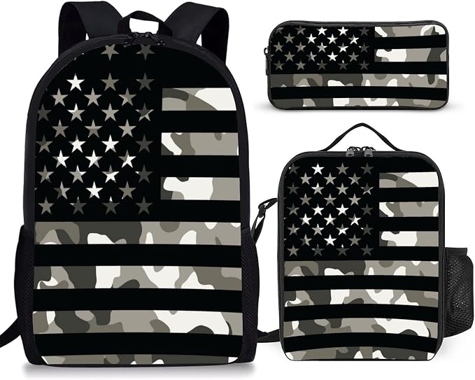 3PCS Camouflage flag Backpack for Boys Girls Teens, School Backpack with Lunch Box Pencil Case for Elementary Middle High Students, 17 Inch Lightweight Bookpack 3 in 1 Set Back to Shool for Kids
