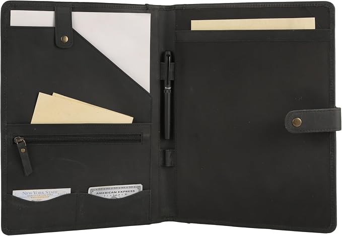 KomalC Leather Portfolio Folder with Button Closure | Business Padfolio for Professionals | Vintage Organizer with Legal Pad Holder, Card Slots & Document Pockets (Black)