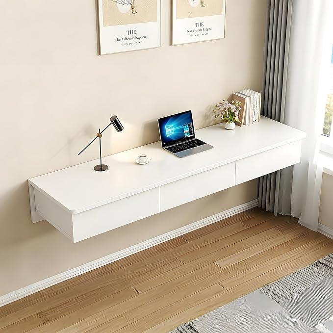Floating Desk with Drawers, Wood Wall Mounted Desk, Floating Makeup Vanity, Space Saving, Sturdy and Stable, Floating Table for Living Room, Bedroom, Home, Office, White