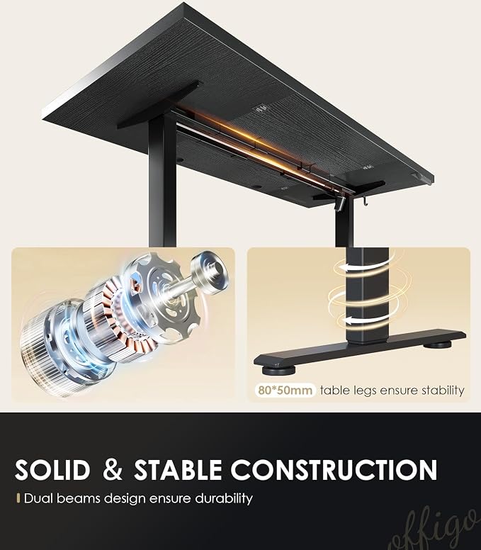 OffiGo 71 Inch Executive Electric Standing Desk Height Adjustable, Black | 1.38" Thick 3-Panel Desktop, Power Outlets, 3 Memory Presets, Dual-Beam Frame for Home Office, Workstation, Conference Room