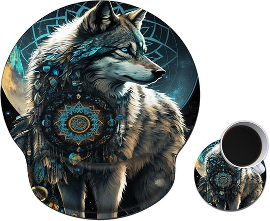 Mouse Pad with Wrist Support Gel, Ergonomic Mouse Pad with Comfortable Wrist Rest, Gaming Mousepad Non-Slip PU Base for Laptop Office Easy Typing & Pain Relief,Dream Catcher Wolf