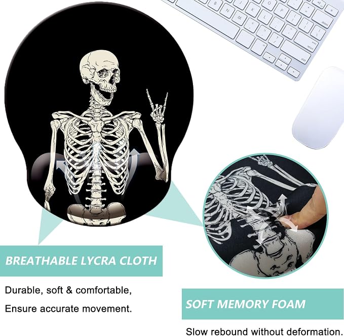 Mouse Pad with Wrist Support, Ergonomic Mouse Pad with Memory Foam Wrist Rest Cushion, Non-Slip Rubber Base Gaming Mice Pad for Home Office Computer Laptop, Human Skeleton