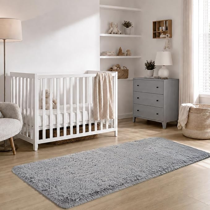 Zentavio Runner Rugs for Hallway 2x6 Shag Soft Bedroom Bedside Rugs Non Slip Fluffy Carpet for Kids Girls Boys Home Decor Aesthetic Dorm Nursery Grey
