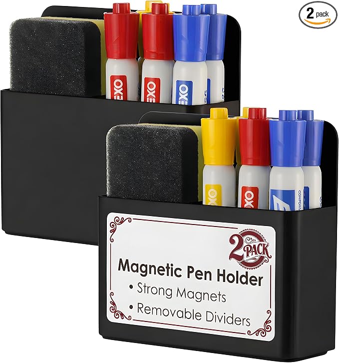 2 Pack Magnetic Pen Holder for Refrigerator & Whiteboard, Full-Back Magnet Dry Erase Marker Holder with Adjustable Divider, Magnetic Marker Holder for White Board Office Desk Locker Accessories, Black