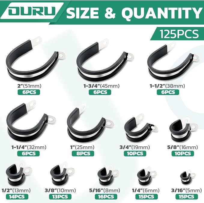 OURU 125PCS Cable Clamps Assortment Kit,Rubber Coated, 1/4"-2" 12 Sizes | 304 Stainless Steel, Anti-Vibration, Rust Resistant, Secure Hold, Automotive Wire, Pipe & Tube Mounting, Cable Management