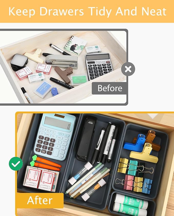 Kutesna 6 PCS Large Drawer Organizer,3 Sizes Plastic Desk Organizer Trays | Versatile Kitchen Drawer Organization and Plastic Storage Bins for Makeup, Vanity, Kitchen, Utensils, Office, Bathroom