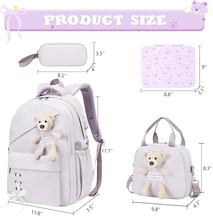 ACESAK Backpack for Girls with Bento Box - 4 PCS Cute Girls Backpack with Lunch Box, Pencil Case & Bento Box Set - 43oz Leakproof Lunch Box Kids Snack Containers Set Back to School Supplies (Purple)