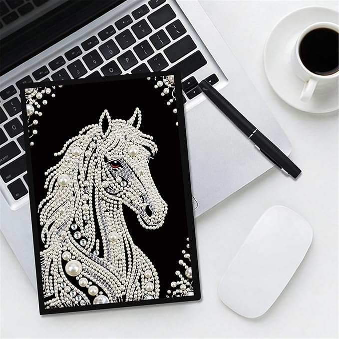 FRANDEK Pearl Painting Notebook Kit, Black and White Horse A5 DIY Journal with 50 Blank Pages, Diamond Gem Art Cover with Waterproof Canvas, Beginner Craft Set with Full Tools for Adults