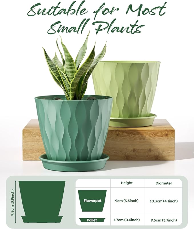 6 Pack Plant Pots with Drainage Holes, 4 Inch Plastic Indoor Flower Pots, Succulent Pots for Orchids, Violets, Succulents, Herbs and Other Small Plant, Dark Green