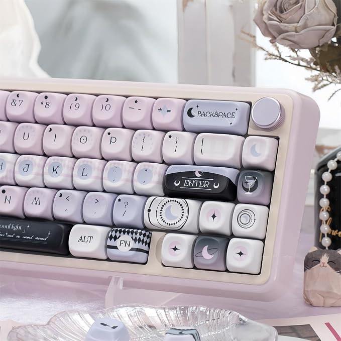 Black Pink Cute Keycaps,MOA Pofile Moonlight-Theme Custom Keycap Dye Sublimation PBT Keycaps 134 Keys Full Size Keycap Set for Cherry MX Switches 60% 75% 100% Mechanical Gaming Keyboard DIY