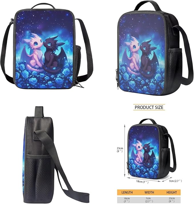 WELLFLYHOM Dragon Elementary School Backpack with Lunch Box for Girls, Blue 17 Inch Rose 4PCS Bookbag Set for Kids, Child Back to School Supplies, Reduce Shoulder Pressure for Daily Use