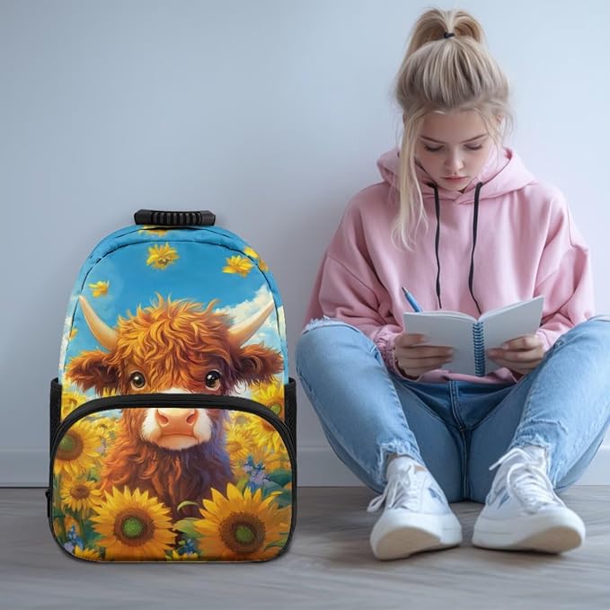 ZFRXIGN Highland Cow Kids Backpack for Boys Bookbag with Pendant 17inch Elementary School Girls Bag and Insulated Lunch Box Portable Pencil Case Blue Sunflower