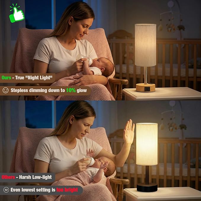 Touch Bedside Table Lamp with Memory - Stepless Dimmable Lamp for Bedroom, Small Nightstand Lamp with Dual USB Charging Ports and AC Outlet, Wood Night Light, Desk Lamp for Nursery, Living Room, Dorm