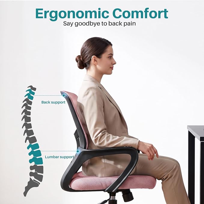 OLIXIS Ergonomic Office Desk Chair, Executive Mid-Back Computer Chair with Comfortable Lumbar Support & Rocking Mode, Height Adjustable with Fixed Armrest, 360° Swivel, for Adults, Pink