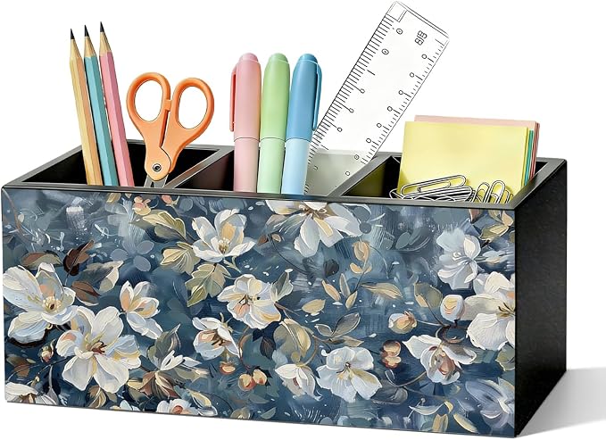 Dark Blue Floral Pen Pencil Holder for Desk, Academia Cottagecore Botanical Flower Wooden Box Sign Organizer for Home Room Office Bedroom Desk Accessories Tabletop Decorations