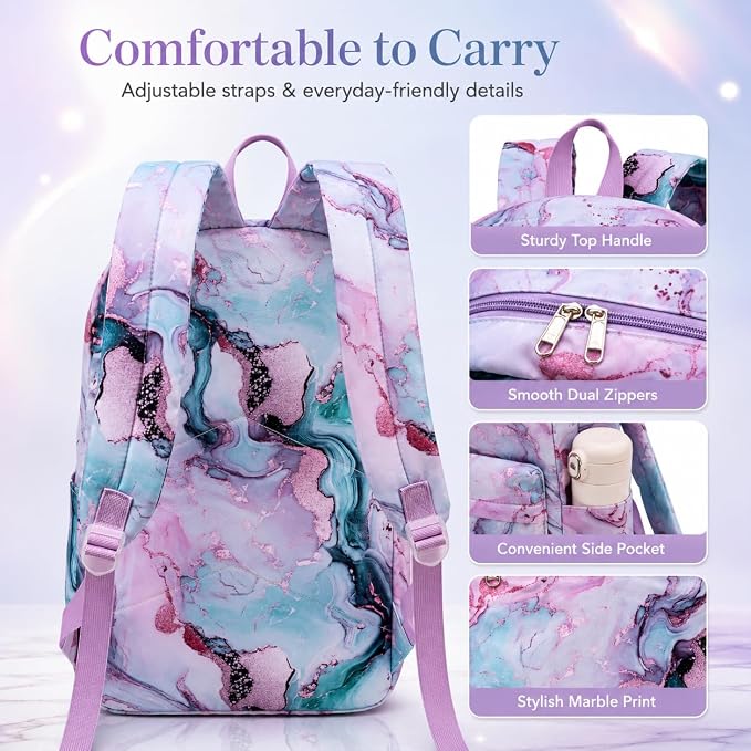 Bluboon Teens Backpack Set Girls School Backpack Lunch Box Pencil Bags Student Bookbags 3 in 1 (Green Marble)