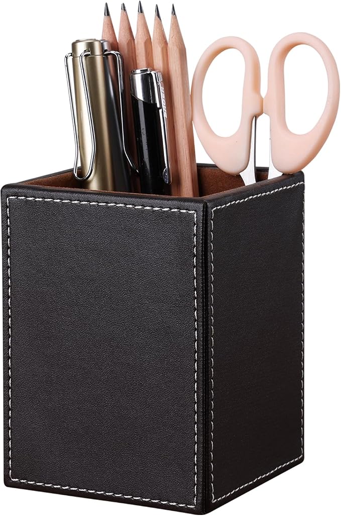 PU Leather Square Pens Pencils Holder Cup Desktop Stationery Organizer Case Office Accessories Container Box Brown