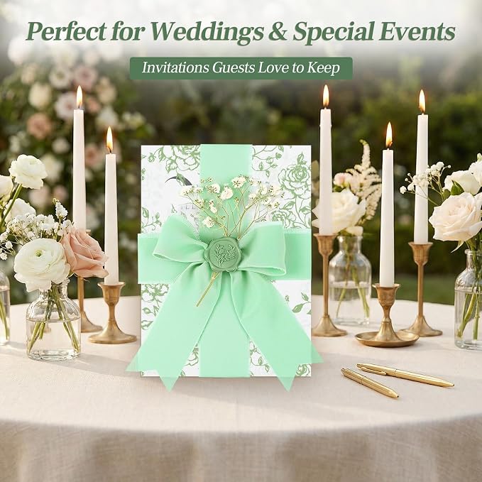 Wedding Invitation Accessories Kit, Pre-Folded Vellum Jackets for 5×7 Invitations with Wax Seal Stickers, Ribbon & Dried Flowers, Elegant Wedding Invitation Accessories for DIY Bridal Invites (Green-Rose, 50)