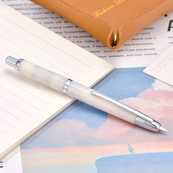 Jinhao 20 Press Fountain Pen, Snow White Retractable Medium Nib with Ink Converter Set (Silver Clip)