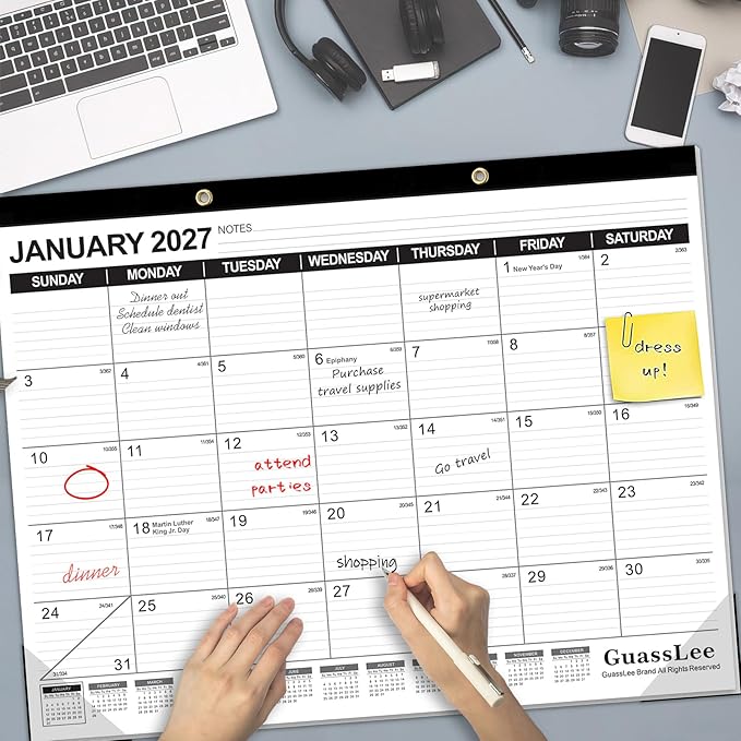 GuassLee Large Desk Calendar 2026-2027,19 Months from Jun. 2026 to Dec. 2027, 22 x 17 Inches Desktop Wall Calendar Hanging Planner with Julian Date, Notes, Reinforced Corners for School Home Office