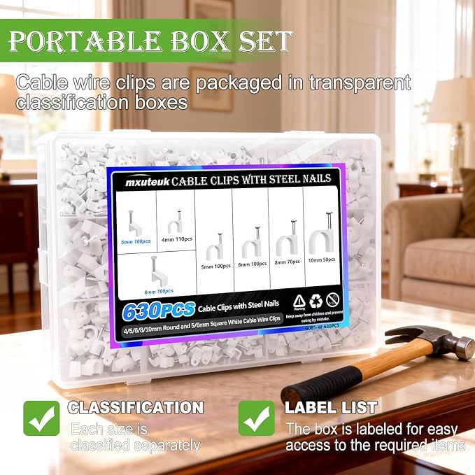 mxuteuk 630PCS Cable Clips with Steel Nails,4/5/6/8/10mm Round and 5/6mm Square White Cable Wire Clips,Wall Clips for Cords,Cable Cord Clips for RG6 RG59 CAT6 RJ45
