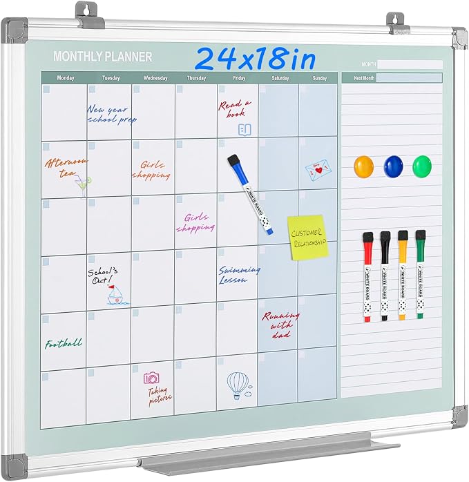 MAKELLO Dry Erase Calendar for Wall 24" x 18", White Board Calendar with Next Month for Office, Family, Kitchen and Bedroom | Magnetic Notice Board, Aluminum Frame, Wall Mount, Smooth Writing, Dry Erase, White Board for Office, Classroom, Home, School