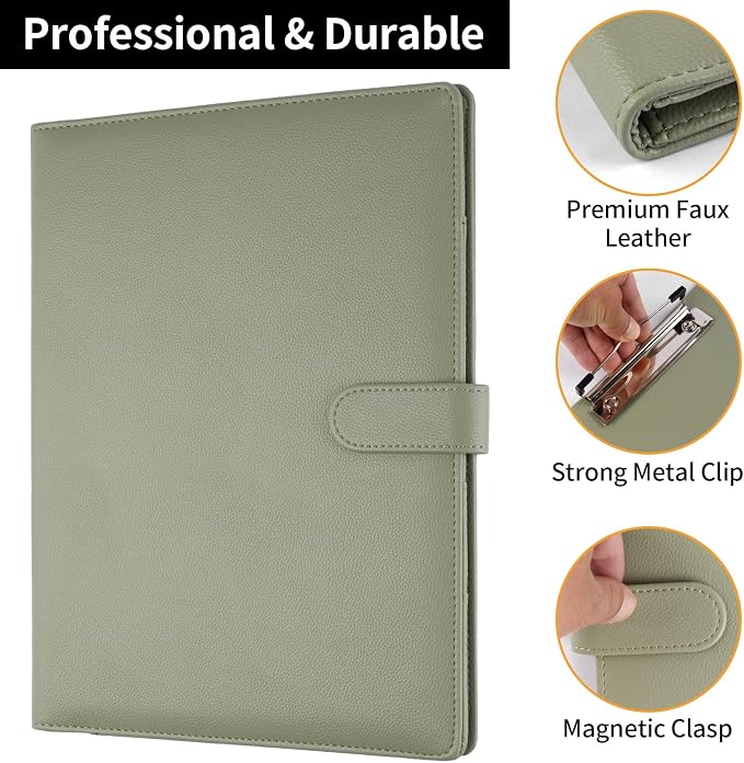 Professional Padfolio with Clipboard, Faux Leather Portfolio Folder Binder, Legal Pad Holder for A4 Letter Size Notepad, Resume, Writing, Ideal Organizer for Business Office Conference (Sage Green)