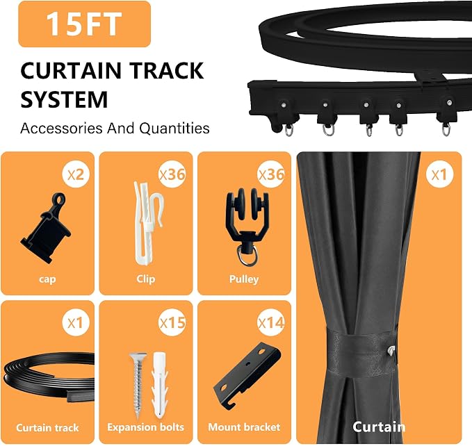 MaKefeile Room Divider Curtains with Flexible Ceiling Tracks Set,(Black Drape & Black Rail W 15 × H 9 FT)