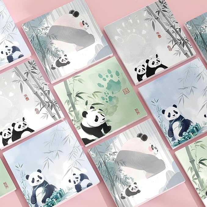 Panda 4-Pads 3x3 inch Sticky Notes Set, Cute Memo Pads with High-Adhesive, Pretty Self-Stick Notes, Reusable & Tearable for Journal Planners Office School Home, Bulk Cute Stationery Gift