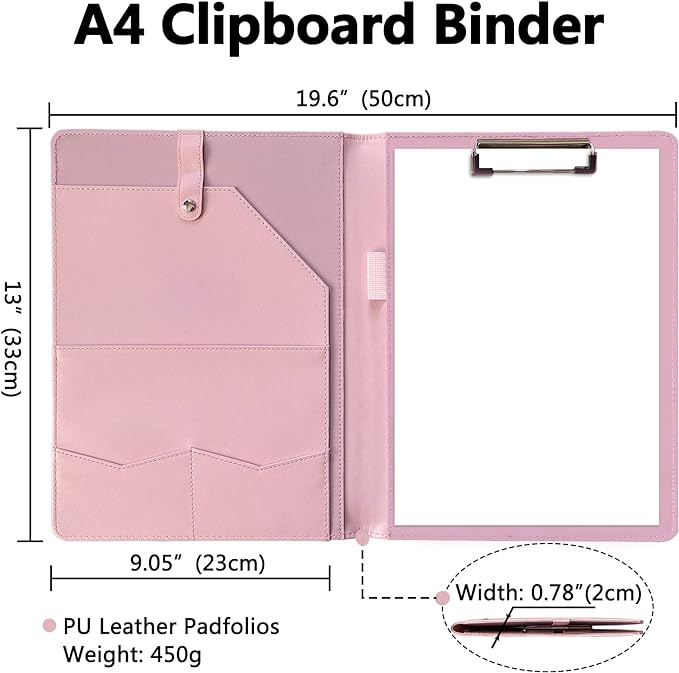 Portfolio Folder Padfolio with A4 Clipboard, PU Leather Portfolio Clipboard Business Binder Writing Clip Board Organizer for Legal Documents Business Card Men Women Pink