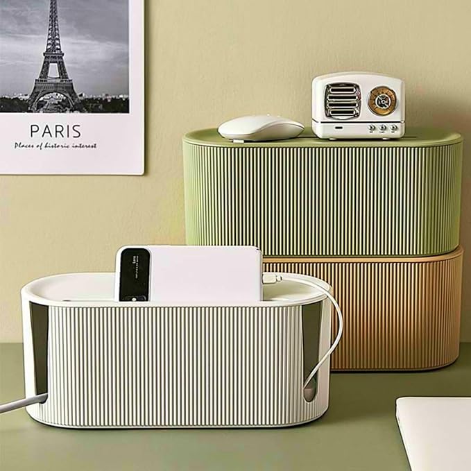 Cable Management Box,Desk Cord Organizer Box with Groove Cover,Plastic Cord Hider Box,Large Cable Box Organizer for Storaging Power Socket/TV/Computer/Router/Games Console Cable (Milk Tea)