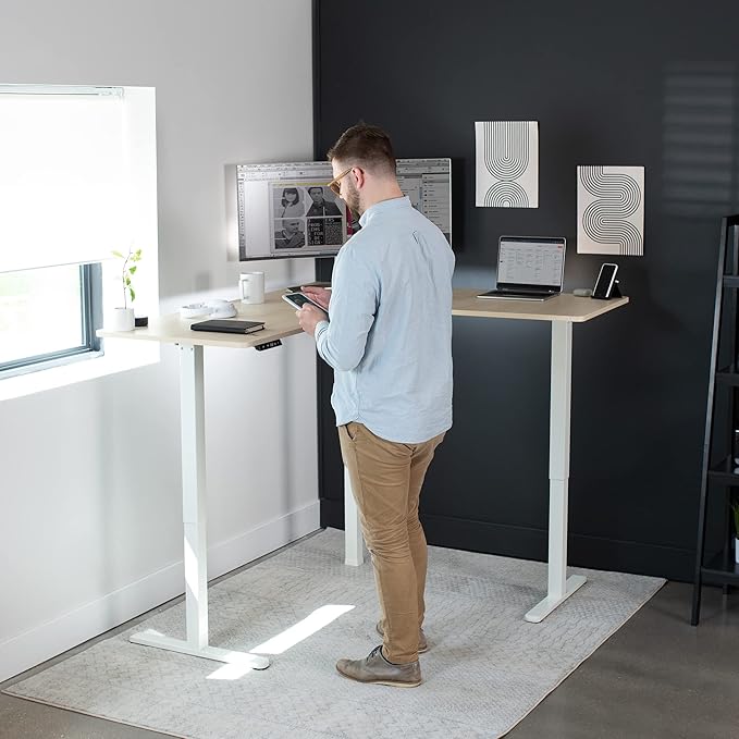 VIVO Corner Standing Desk, 63 x 55 inch Reversible L-Shaped Workstation, Electric Height Adjustment, Home, Office, and Reception Rooms, Light Wood Table Top White Frame, DESK-E3CTC