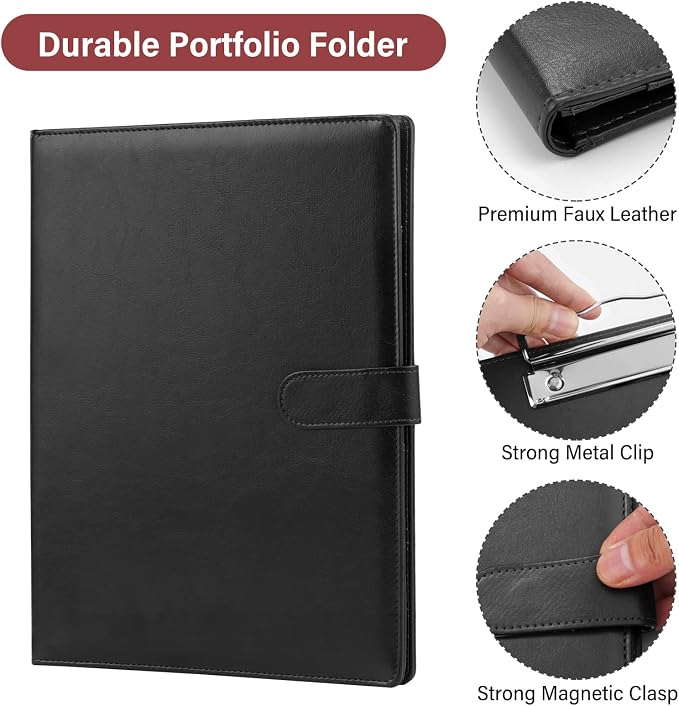 Professional Padfolio,Black Faux Leather Portfolio Binder | Includes clipboard,business card holder and document storage for office,conference,interviews,resume papers and business use