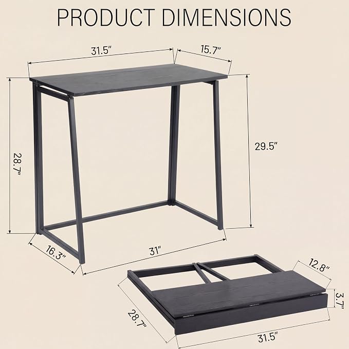 LeTinn 31.5” Folding Desk, Space Saving Small Computer Desk for Home Office - Portable Writing Workstation with Metal Frame, No Assembly, Compact for Apartments & Dorms, Black