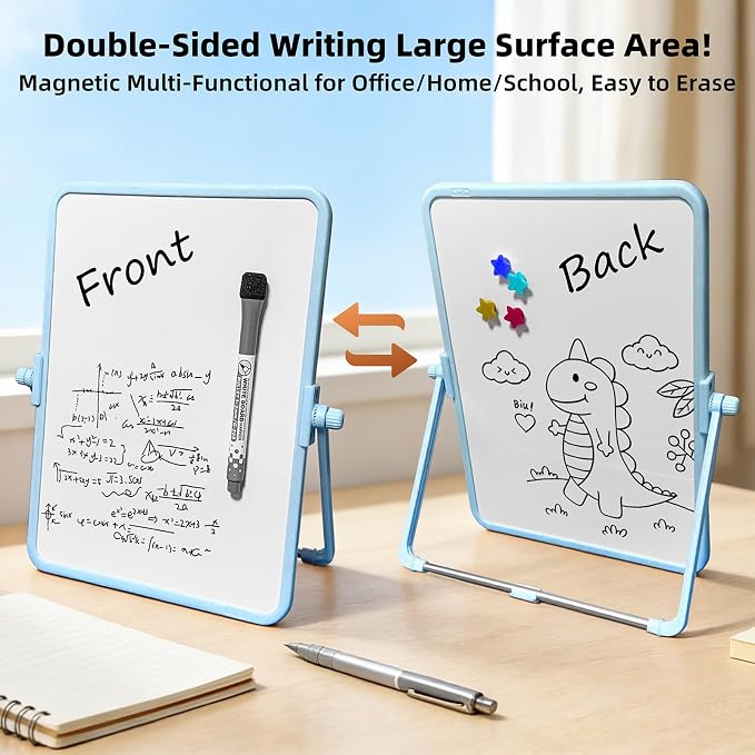 Colorful Dry Erase White Board 8.3x11in, Magnetic Desktop Board with Stand, 2 Markers (Eraser Head), 4 Magnets - Double-Sided Easel for Daily Planning, Memo, Office/Home/School (Blue)