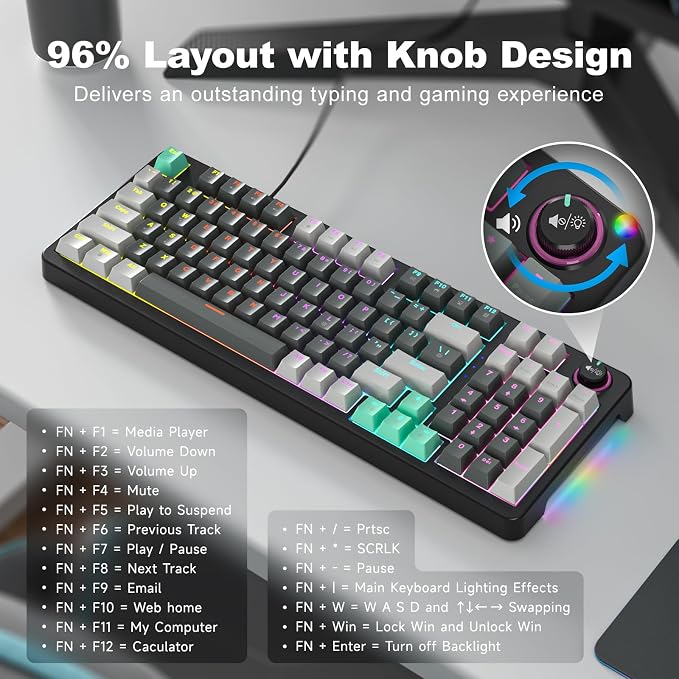 GEEZER Mechanical Gaming Keyboard with LED Backlit, Blue Switch, Volume Knob, 96 Keys Full Size Compact USB Wired Computer Keyboards for Office Windows Laptop PC & Mac Gamer - Grey & Black