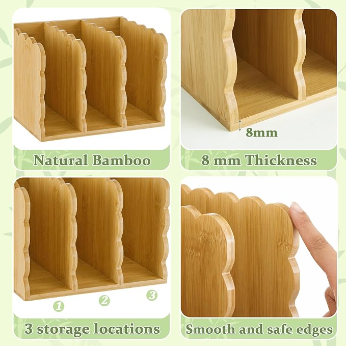 Novabright Scalloped Bamboo File Magazine Holder Desk Organizer, 3 Vertical Compartments Workspace Sorters for Magazines, Binders, Notebooks, Envelopes